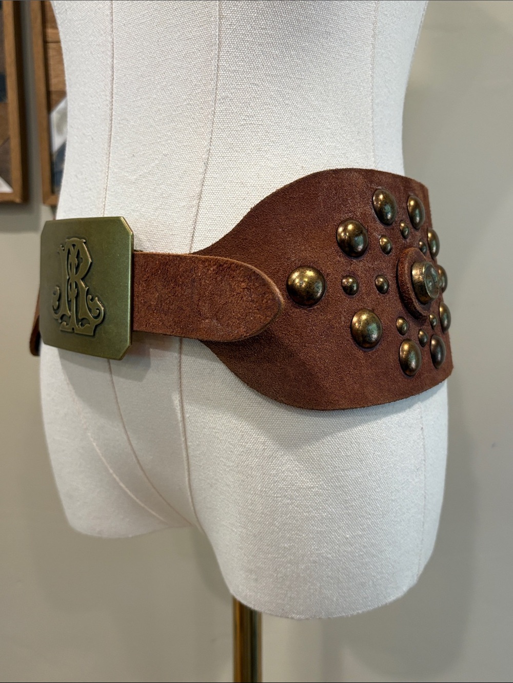 Vintage Ralph Lauren Suede Leather Wide Studded Corset Belt Distressed Brown M - Picture 3 of 15
